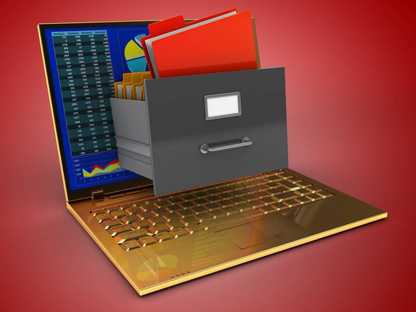 ordenador dorado sobre fondo rojo
  - Foto, Imagen