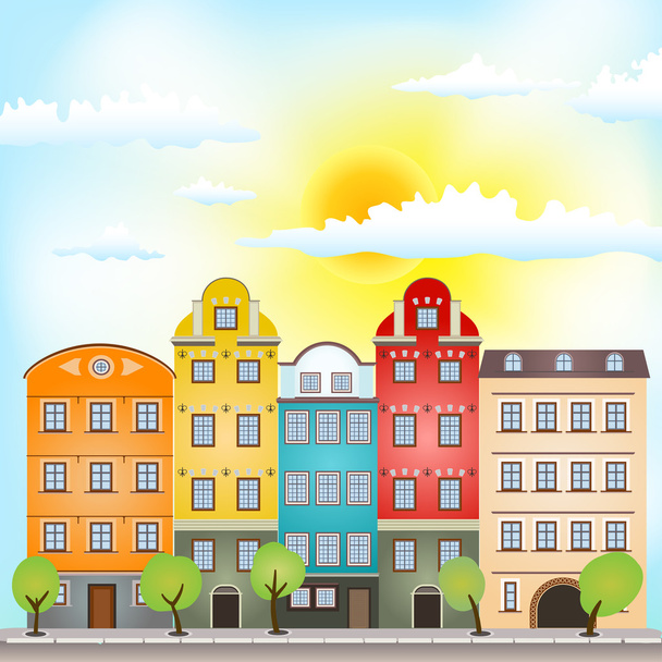 Retro houses with sun and clouds - Vector, Image