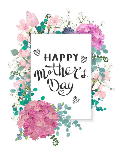 Happy Mother's Day. ard with a bouquet of beautiful flowers - Vector, imagen