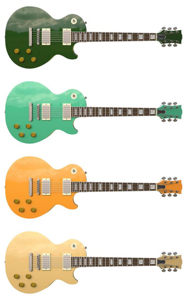 Set of 4 color stylish electric guitars on white background. 3d rendering. - Photo, Image