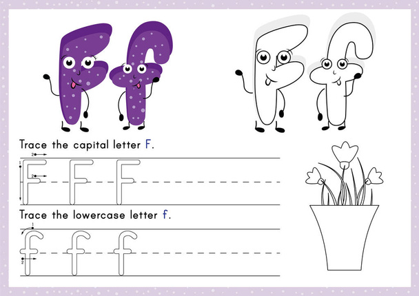 Трассировка алфавита и раскраска листа: Написание A-Z.Упражнения для детей
.  - Вектор,изображение