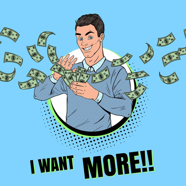 Богач поп-арта бросает долларовые банкноты. Успешный бизнесмен с деньгами. Векторная иллюстрация
 - Вектор,изображение
