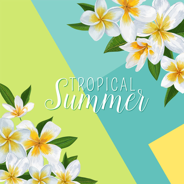 Summer Tropical Background with Plumeria Flowers and Palm Leaves. Exotic Typographical Design for T-shirt, Poster, Sale Banner. Vector illustration - Vector, Imagen