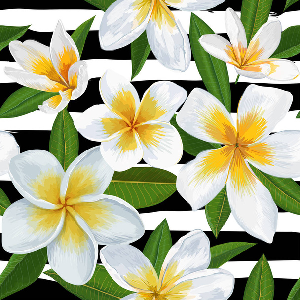 Tropical Seamless Pattern with Plumeria Flowers. Floral Background with Palm Leaves for Wallpaper, Fabric, Wrapping, Decoration. Vector illustration - Vektori, kuva