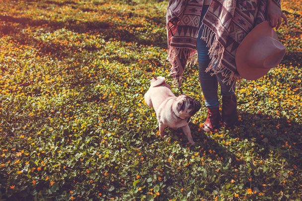Жінка ходить мопсом у весняному лісі. Щасливий щеня бігає серед жовтих квітів вранці
 - Фото, зображення