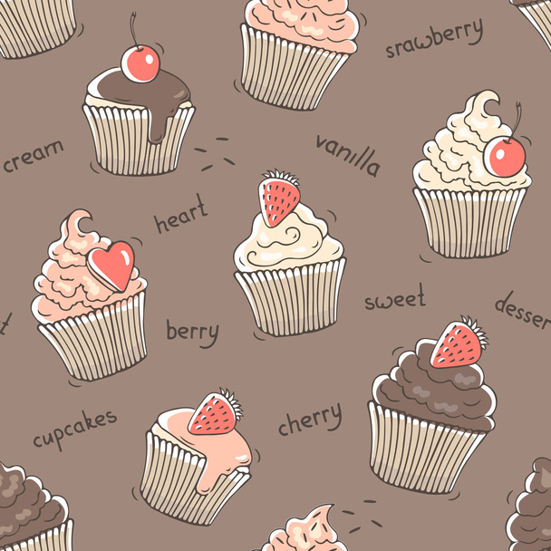 Seamless pattern with sweet cupcakes. Vector illustration - Вектор,изображение