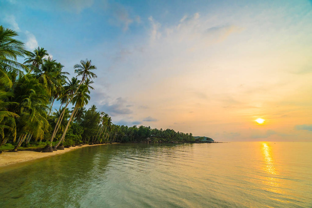 Beautiful paradise island with beach and sea around coconut palm tree at sunset time - Holiday Vacation and Travel concept - Zdjęcie, obraz