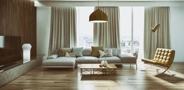Modernos interiores luminosos apartamento 3D renderização ilustração
 - Foto, Imagem