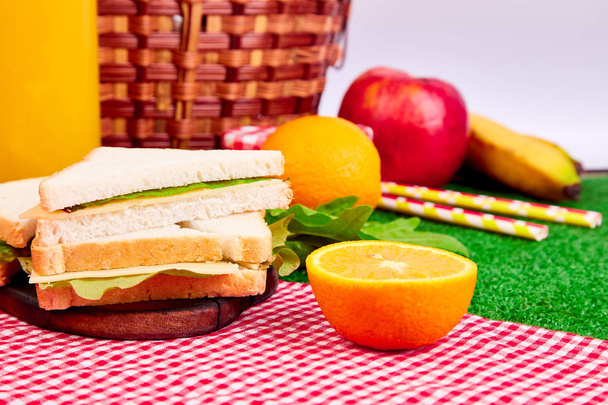芝生の上でピクニック。赤いチェックのテーブル クロス、バスケット、健康食品サンドイッチ、フルーツ、オレンジ ジュース。夏の時間の残り. - 写真・画像