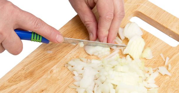 cook onion cut on a board on a white background - Φωτογραφία, εικόνα