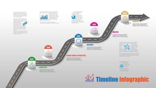 Obchodní cestovní mapa šablona časová osa infografiku s ukazatele určené pro abstraktní pozadí milník moderní schéma procesu technologie digitálních marketingové údaje prezentace graf vektorové ilustrace - Vektor, obrázek