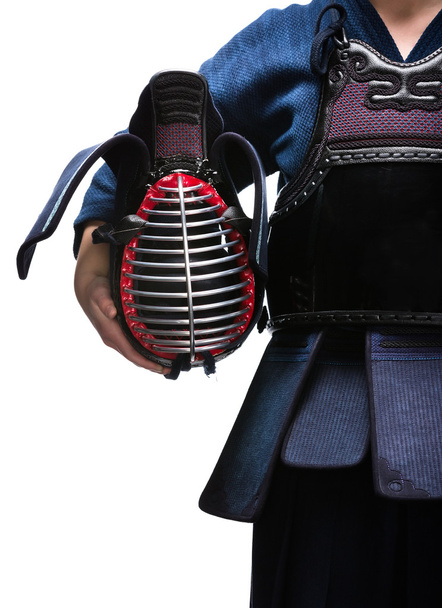 Close up of kendo helmet in hands of kendo fighter - Zdjęcie, obraz