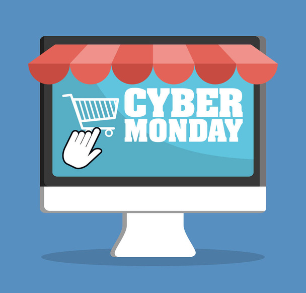 Shopping cart computer en cyber maandag design - Vector, afbeelding