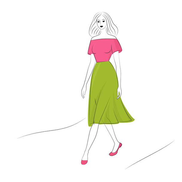 Romantic graceful cute girl in pink green  dress walking down the street. White background - Vektori, kuva