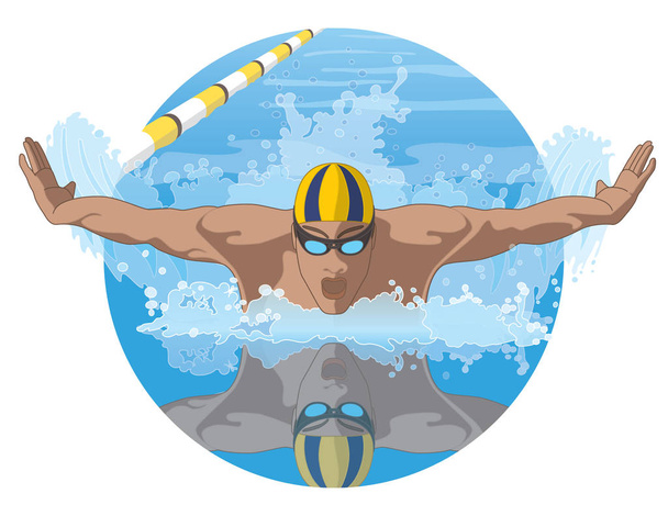 nuotatore maschio in un colpo di farfalla in competizione in piscina con riflesso
 - Vettoriali, immagini