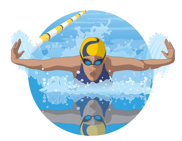 nuotatore femminile in un colpo di farfalla in competizione in piscina con riflesso
 - Vettoriali, immagini