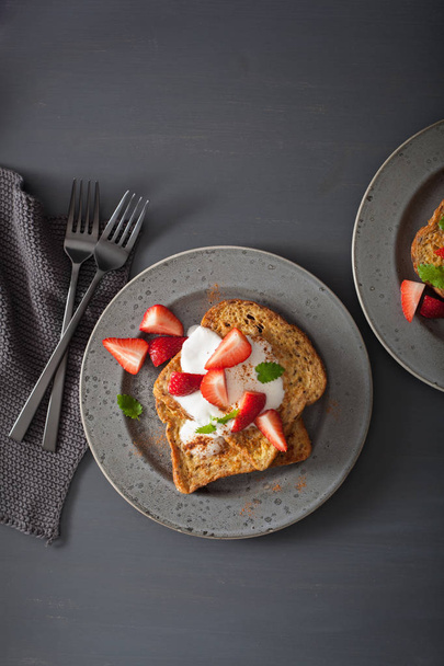 french toasts with yogurt and strawberries for breakfast - Photo, image