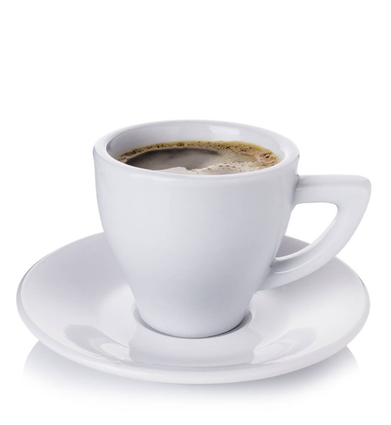 Біла чашка з кавою на білій тарілці
 - Фото, зображення