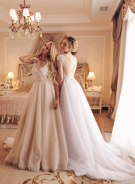 fashion interior photo of two beautiful sensual women with blond hair in luxurious wedding dress and accessories - Foto, Bild