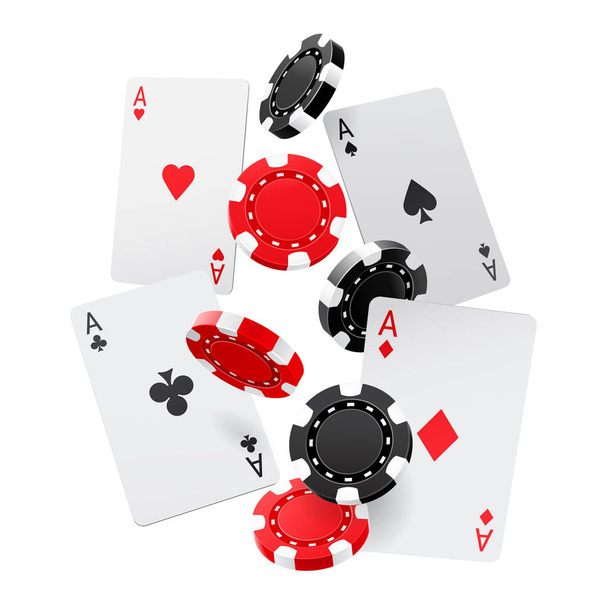 Падаючі аси та фішки казино з ізольованими на білому тлі. Гральні карти, червоні і чорні фішки летять. Концепція виграшу або азартних ігор. Покерні та карткові ігри. Векторна 3d ілюстрація
 - Вектор, зображення