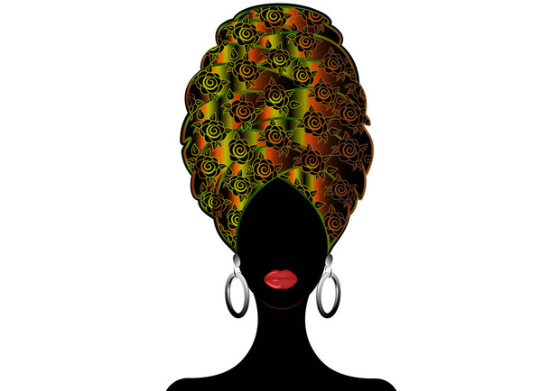 Portrét mladé černé ženy v turbanu. Africká kráska animace. Barevné vektorové ilustrace izolované na bílém pozadí. Tradiční Kente hlavu zabalte Afriky. Etnický vzor barevný šátek  - Vektor, obrázek