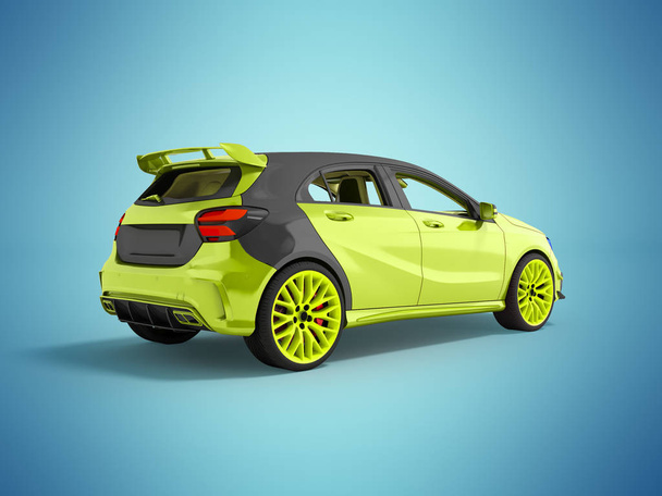Το μοντέρνο σπορ αυτοκίνητο είναι ανοιχτό πράσινο γκρι 3d rendering δεν μπλε φόντο με σκιά - Φωτογραφία, εικόνα