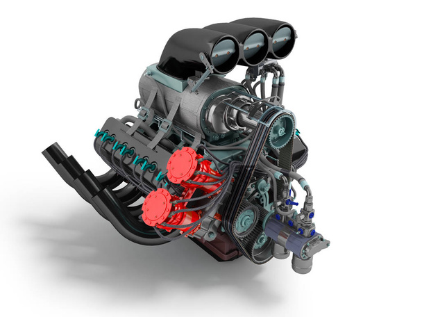 Carro turbo vermelho azul perspectiva à esquerda 3D renderizar em um fundo branco com sombra
 - Foto, Imagem