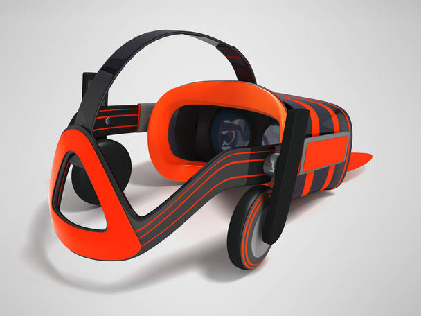 Gafas VR modernas con auriculares incorporados gris naranja 3d renderizado sobre fondo gris con sombra
 - Foto, Imagen