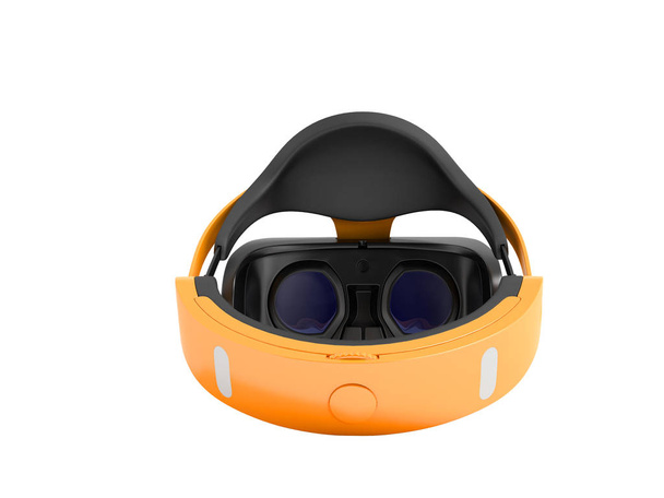 Gafas de realidad virtual moderna detrás de naranja 3d renderizado sobre fondo blanco sin sombra
 - Foto, imagen