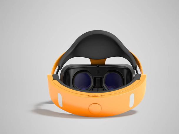 Gafas de realidad virtual moderna detrás de naranja 3d renderizado sobre fondo gris con sombra
 - Foto, Imagen