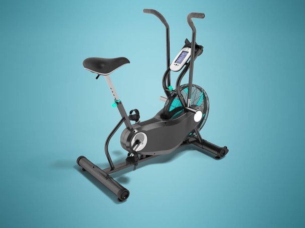 Moderna máquina de entrenamiento de bicicleta para entrenamiento de piernas con computadora personal para entrenamientos gris con inserciones azules 3D render sobre fondo azul con sombra
 - Foto, imagen