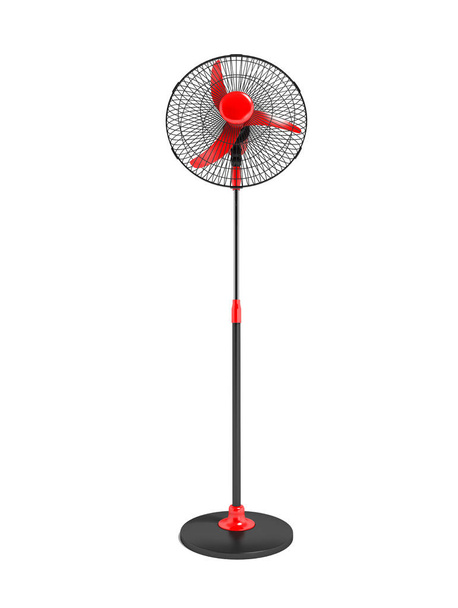 Сучасний вентилятор на нозі червоний в металевій сітці чорний 3d рендерингу на білому тлі з тіні
 - Фото, зображення