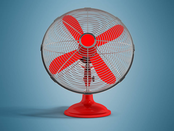 Сучасний офісний червоний вентилятор в металевій сітці для безпеки 3d візуалізації на синьому фоні з тіні
 - Фото, зображення