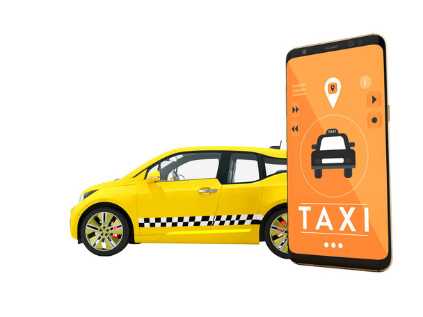 Moderní pojetí taxi volání elektromobil s chytrým telefonem prostřednictvím mobilní aplikace oranžová 3d vykreslení na bílém pozadí bez stínu - Fotografie, Obrázek