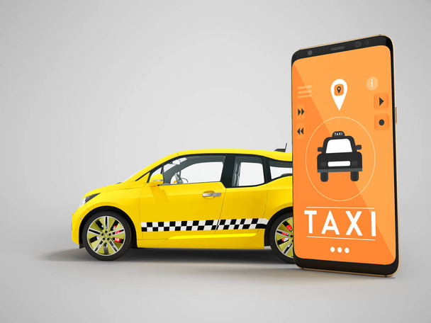 Moderní pojetí taxi volání elektromobil s chytrým telefonem prostřednictvím mobilní aplikace oranžová 3d vykreslení na šedém pozadí se stínem - Fotografie, Obrázek