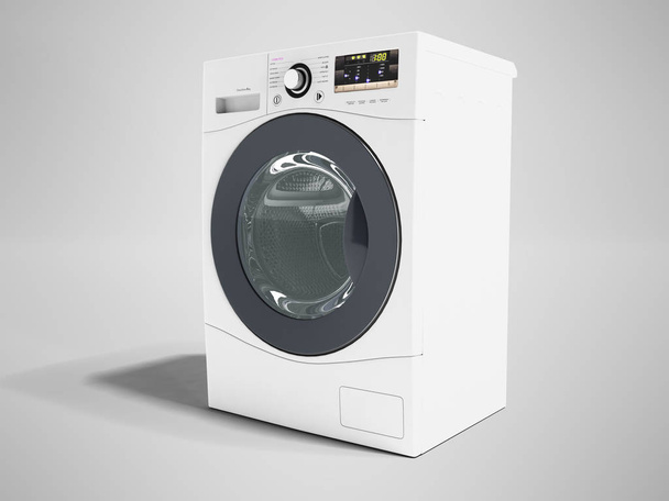 Moderne wasmachine wit voor het wassen van dingen links 3d renderen op grijze achtergrond met schaduw - Foto, afbeelding