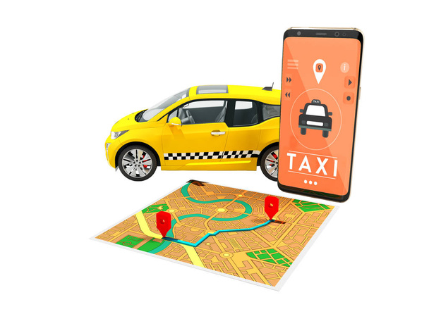 Taxi électrique jaune avec un appel sur le smartphone avec une carte itinéraire 3d rendre sur fond blanc aucune ombre
 - Photo, image