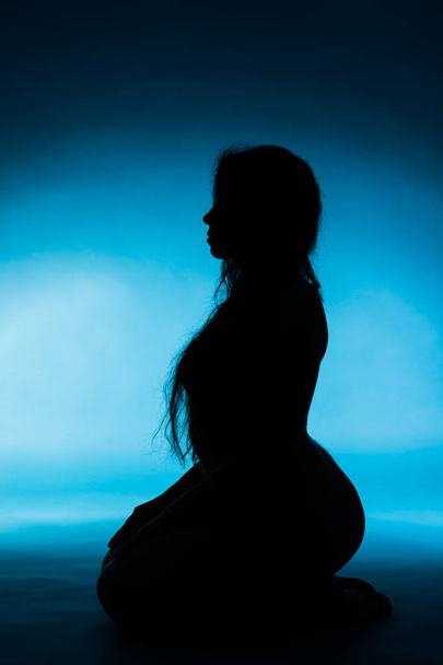 silhouette of nude young woman on blue background - Fotografie, Obrázek