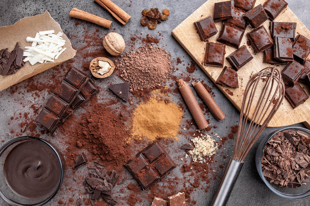 Delicious chocolate on a rustic background - Фото, изображение