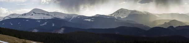 壮大なの霧カルパティア山脈の美しいパノラマ景色は霧のかかった静かな朝や夜暗い曇り空の下に今まで森で覆われて。山雪覆われた距離のトップス. - 写真・画像
