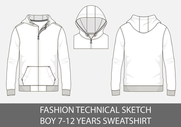 Fashion technical sketch for boy 7-12 years sweatshirt with hood in vector graphic - Vector, Image