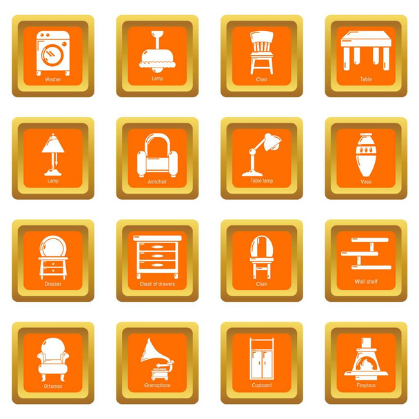 Interior furniture icons set orange square vector - Vektor, Bild