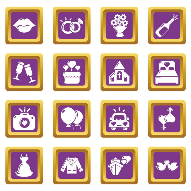 Wedding icons set purple square vector - Vector, Image