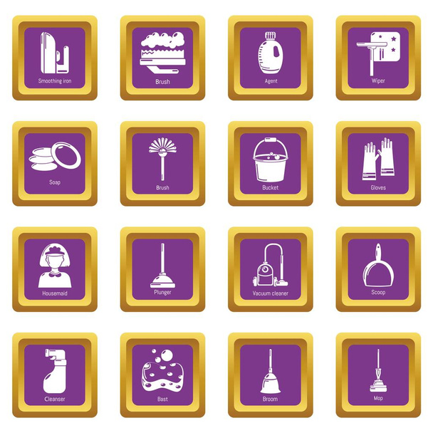 Cleaning tools icons set purple square vector - Vektor, kép