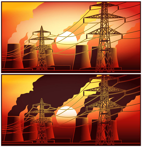 Σταθμός παραγωγής ηλεκτρικού ρεύματος στο ηλιοβασίλεμα - Διάνυσμα, εικόνα