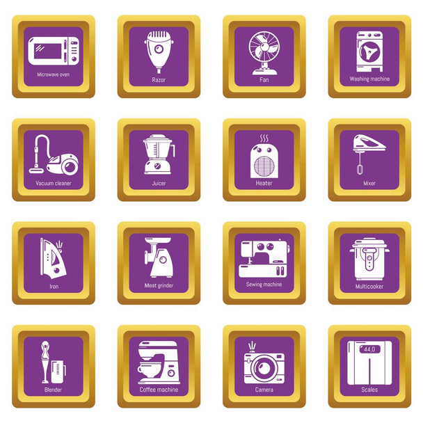 Domestic appliances icons set purple square vector - Vektor, kép