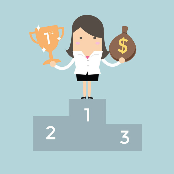 Businesswoman standing on the winning podium holding trophy and a bag of money. - Vector, Image