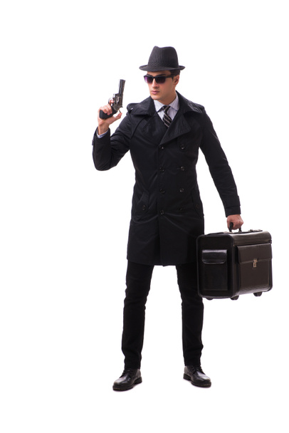 Man spy with handgun isolated on white background - Fotografie, Obrázek
