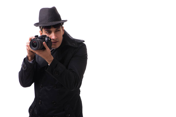 Espion avec caméra prenant des photos isolées sur blanc - Photo, image