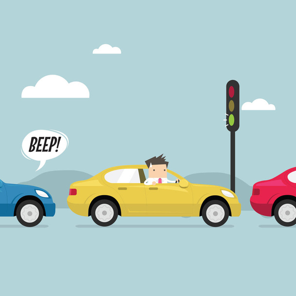 Businessman on the road with traffic jam, Green traffic light, honk a horn. - Vector, Image
